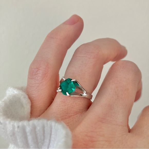 Art Deco Green Stone Emerald Square Cut Ring “Aiden” Diamond Forest Earthy Elven - Picture 3 of 14